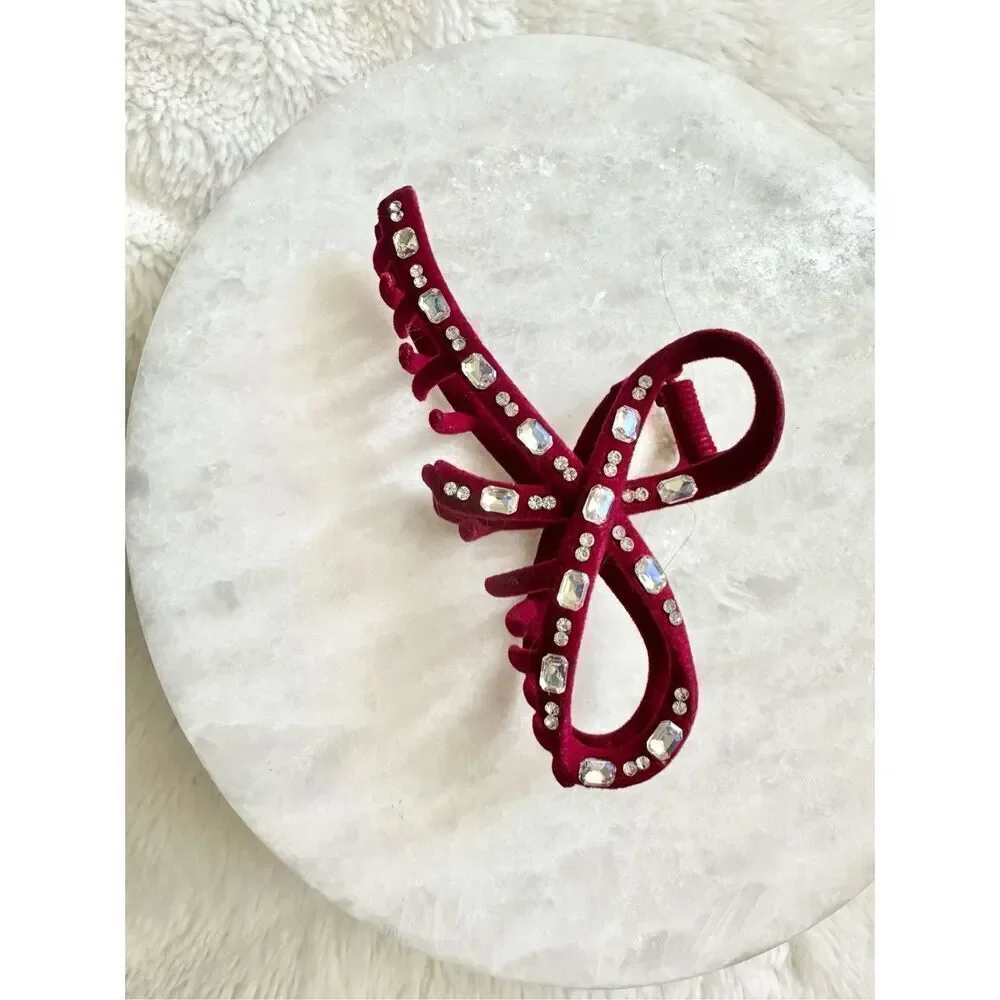 Velvet burgundy red rhinestone embellished hair claw